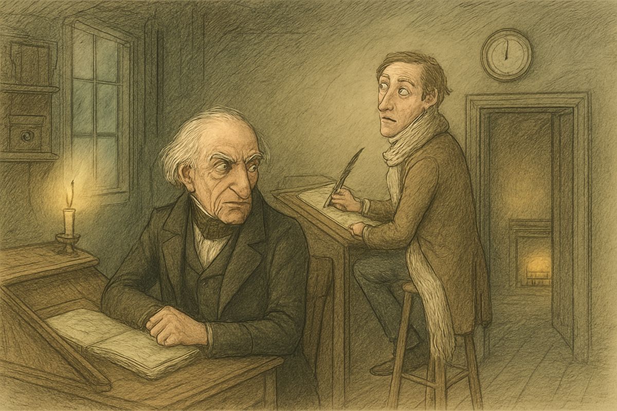 Next morning Scrooge was early at the office, set on catching Bob Cratchit coming late. Bob came in eighteen and a half minutes behind time. "What do you mean by coming here at this time of day?" growled Scrooge, as gruffly as he could.