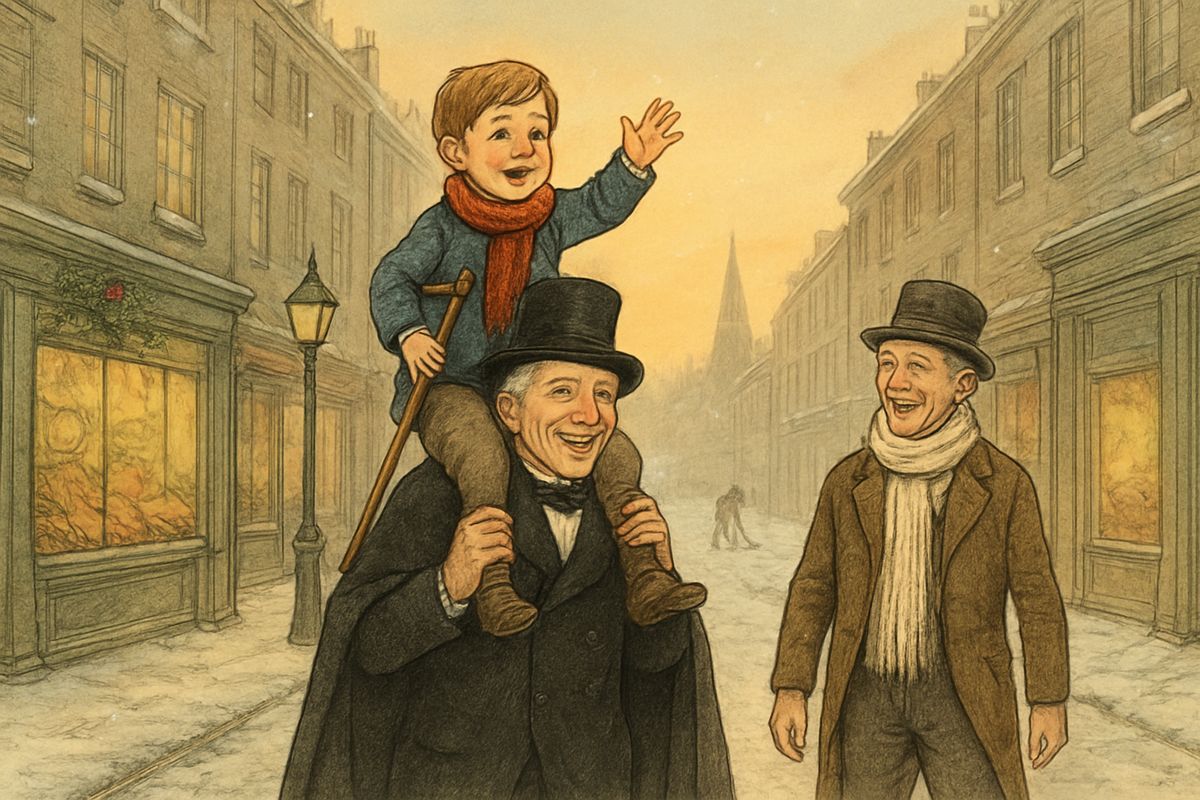 Scrooge was better than his word. To Tiny Tim, who did not die, he was a second father, and it was always said of him that he knew how to keep Christmas well. And so, as Tiny Tim observed, God bless Us, Every One!