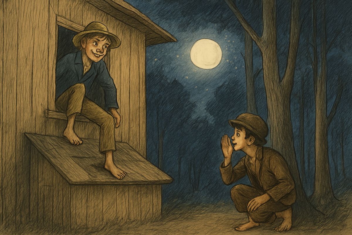 At midnight a twig snapped among the trees and a soft "me-yow! me-yow!" came up from the dark. Huck mewed back, put out the light and slid down off the shed roof. Tom Sawyer was waiting under the trees.