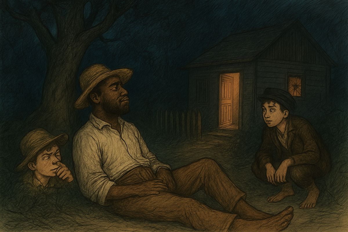 Creeping past the kitchen, Huck tripped over a root, and Miss Watson's Jim got up to listen. "Who dah?" Then Jim sat down right between the two hidden boys. Huck itched in eleven places and didn't dare scratch, until Jim began to snore.