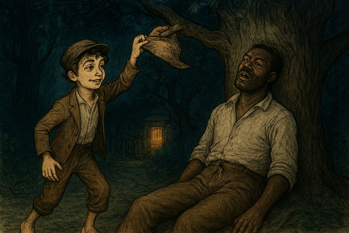 Tom took three candles and left five cents to pay for them, then hung Jim's hat on a branch over his head. Jim said witches had ridden him all over the world, and folks came for miles to hear him tell it.