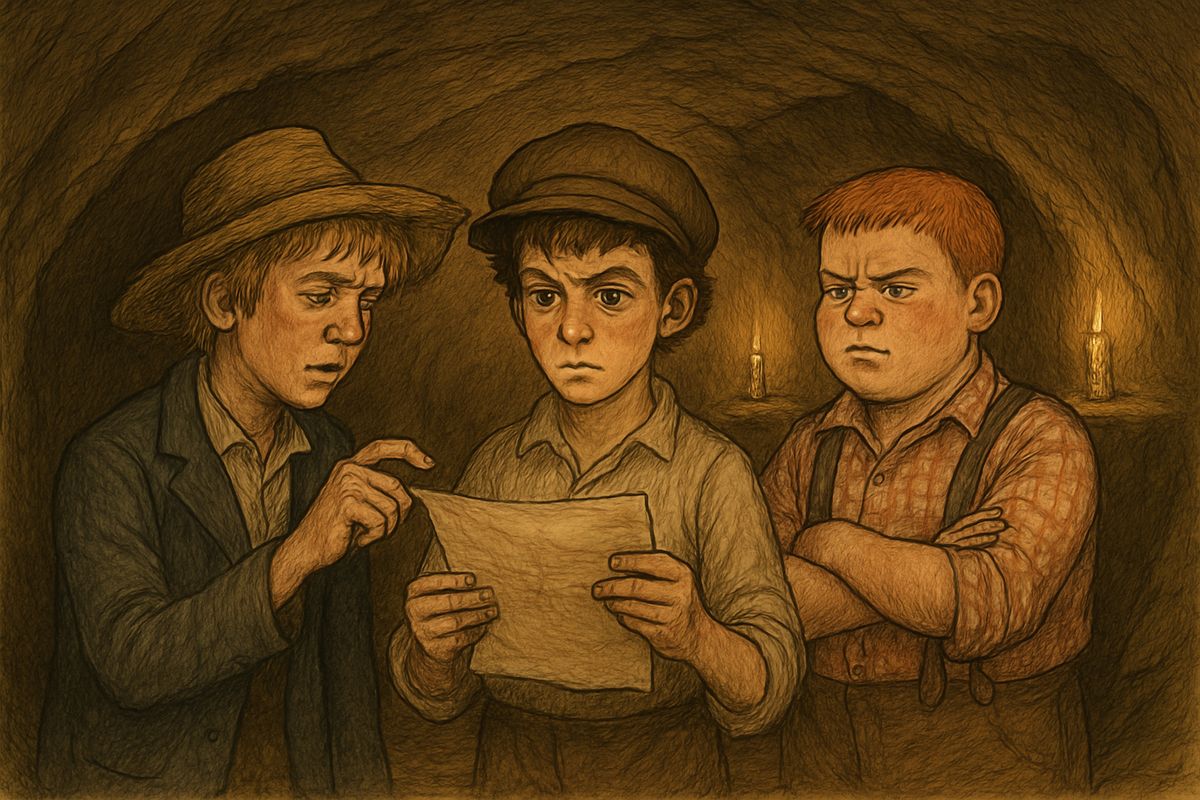 In a hidden cave, Tom read out the bloody oath of Tom Sawyer's Gang: any boy who told the secrets would have his family killed. Huck had no family, so he offered them Miss Watson. "Oh, she'll do," the boys said.