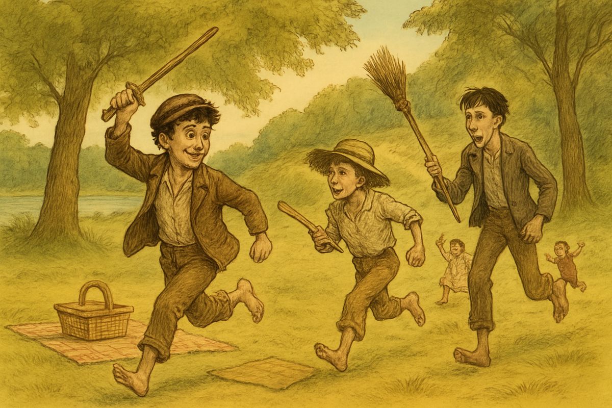Tom said Spanish merchants and A-rabs with elephants would camp in Cave Hollow. The Gang charged down the hill, but it was only a Sunday-school picnic. Tom blamed magicians. Huck judged it had all the marks of a Sunday-school, and soon quit the Gang.