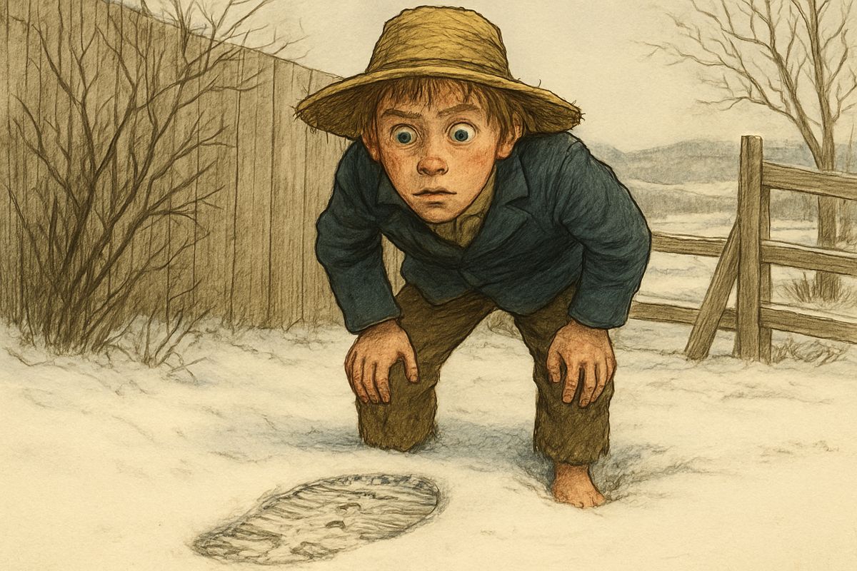 One winter morning, after spilling the salt, Huck found fresh tracks in the snow by the widow's stile. The left boot-heel had a cross of big nails to keep off the devil, and Huck knew only one man who wore boots like that.
