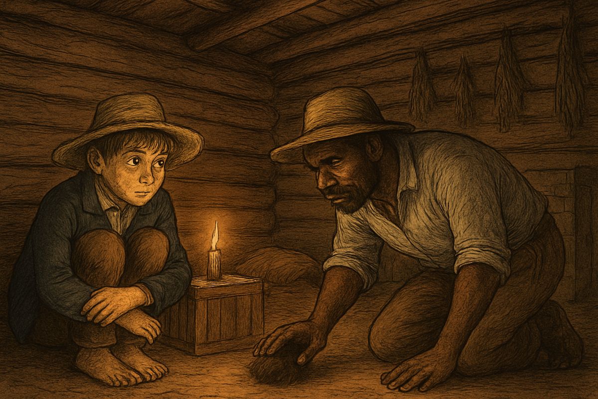 That night Huck asked Jim what Pap meant to do. Paid with a counterfeit quarter, Jim's magic hair-ball said two angels hovered round the old man, one white and one black, and nobody could tell yet which would fetch him.