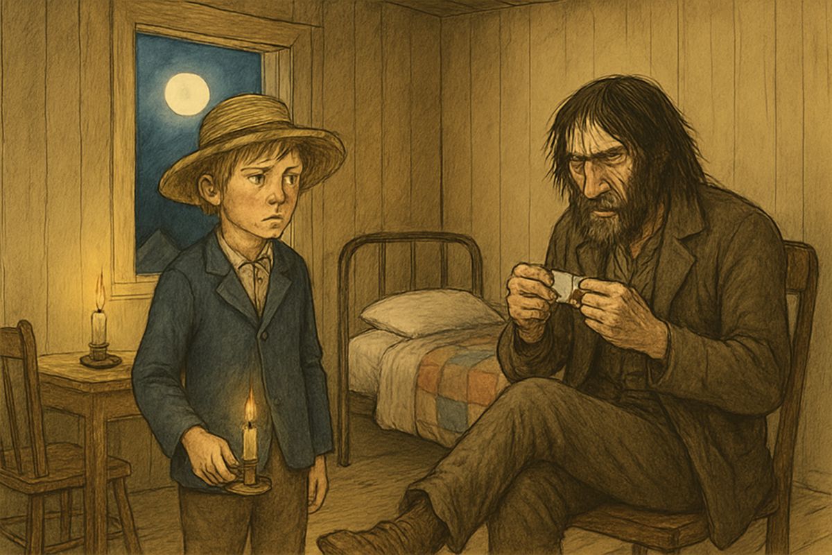 When Huck went up to bed, there sat Pap himself, who had climbed in by the shed. He sneered at Huck's clothes and his reading, and took his only dollar for whisky. "I'll give you something better—I'll give you a cowhide."