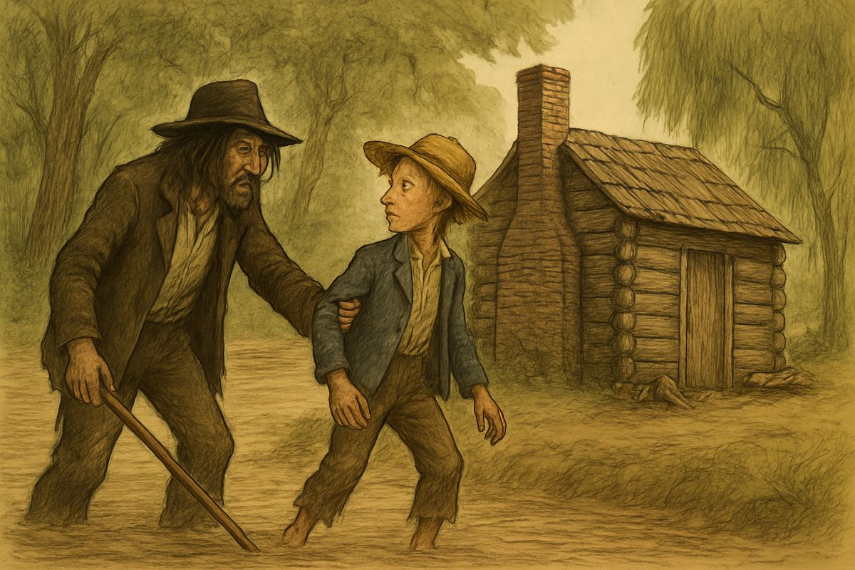 In the spring Pap caught Huck and rowed him three miles up the river to a lonely log hut hidden in the thick woods of the Illinois shore. He kept the door locked and the key under his head at night, and they lived on fish, game and whisky.