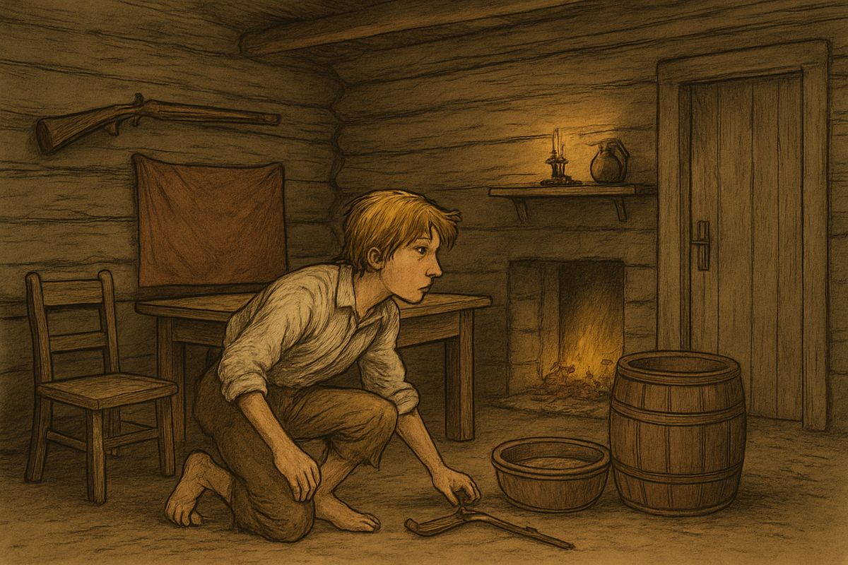 Pap's hickory beatings grew worse, and once he locked Huck in for three lonesome days. Hunting the cabin over for the hundredth time, Huck found an old rusty saw hidden in the roof, and behind the horse-blanket under the table he began secretly sawing through the big bottom log.