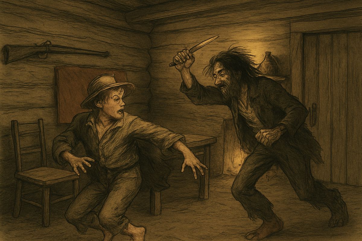 One night Pap came home muddy and drunk, cussing the 'govment' until he tripped over the pork tub. Later the delirium tremens seized him: he screamed about snakes and devils, then chased Huck round and round the cabin with a clasp-knife, calling him the Angel of Death.