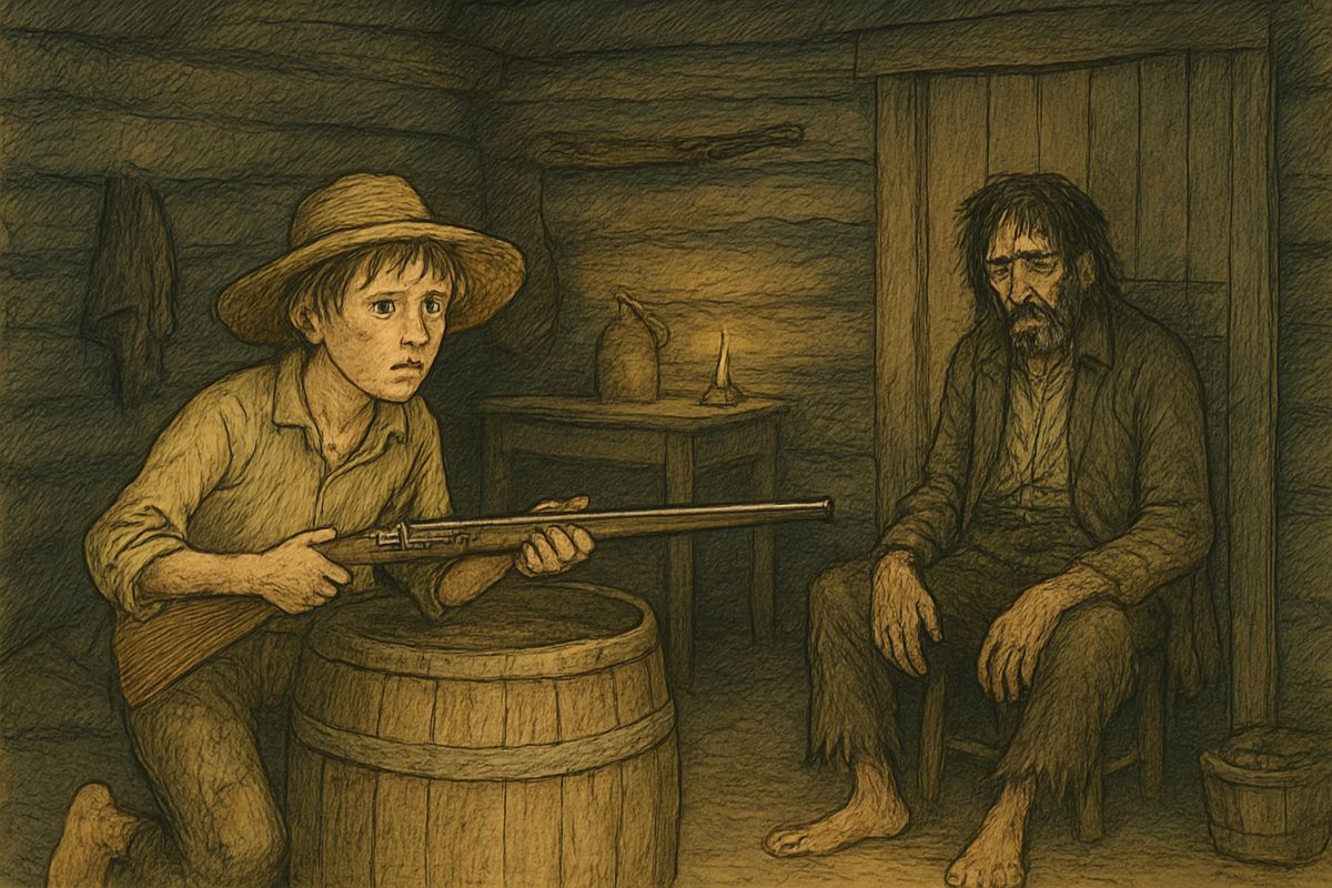 At last Pap dozed against the door with the knife under him, muttering he would rest and then kill Huck. Huck quietly took down the gun, made sure it was loaded, and pointed it at Pap, waiting through the long, still night.