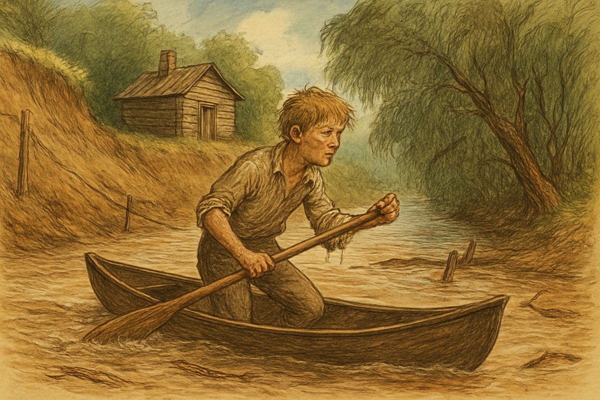 In the morning Pap remembered nothing. Out along the rising river, Huck saw a fine empty canoe come drifting by, riding high like a duck. He dived in clothes and all, paddled her ashore, and hid her in a willow-hung creek. Now he could run away by water.