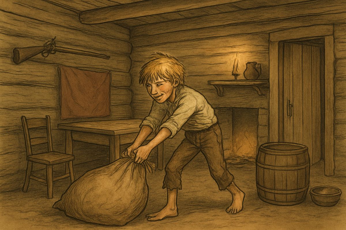 When Pap rowed off, Huck sawed his way out, loaded the canoe, and staged his own murder. He bled a wild pig on the floor, stuck some of his hair to the bloody axe, and dragged a sack of rocks to the river.