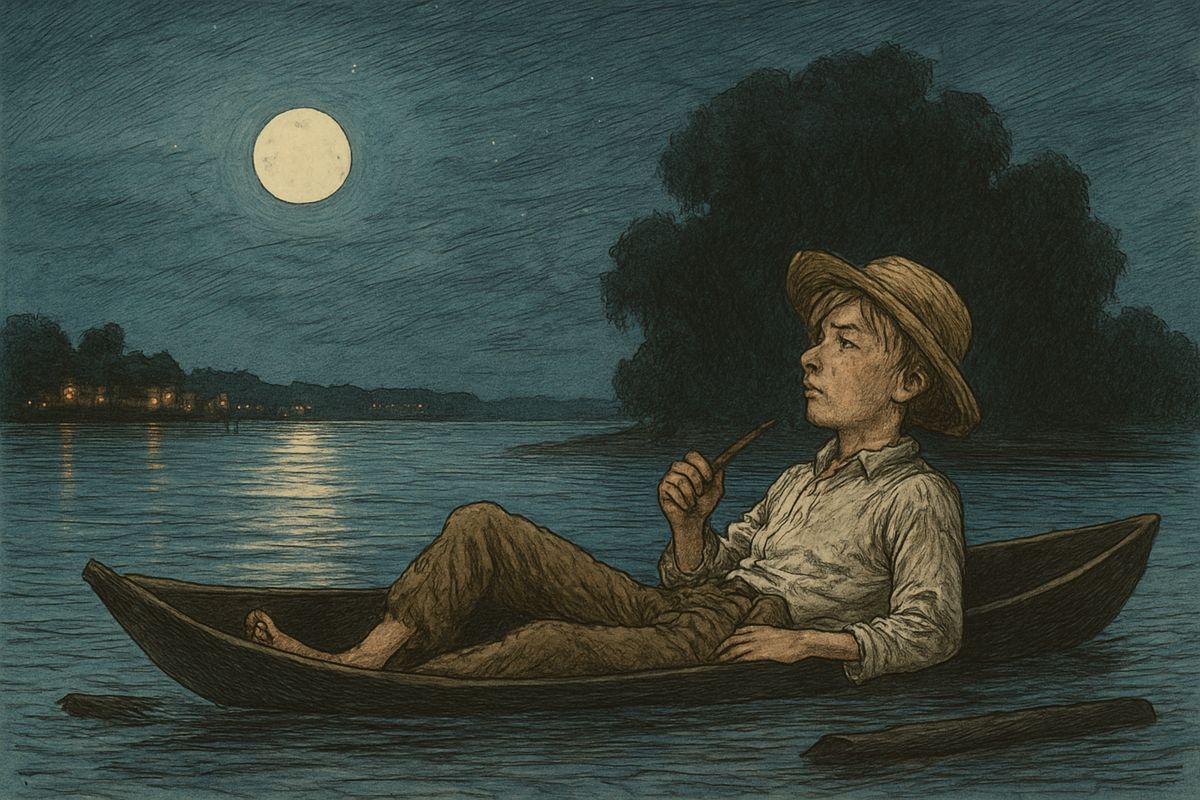 By moonlight Huck slipped past Pap rowing home sober, then lay in the bottom of the canoe and floated among the driftwood past the ferry landing. Before dawn he landed on Jackson's Island, big and dark in mid-river, and hid the canoe in the willows. "Jackson's Island's the place."