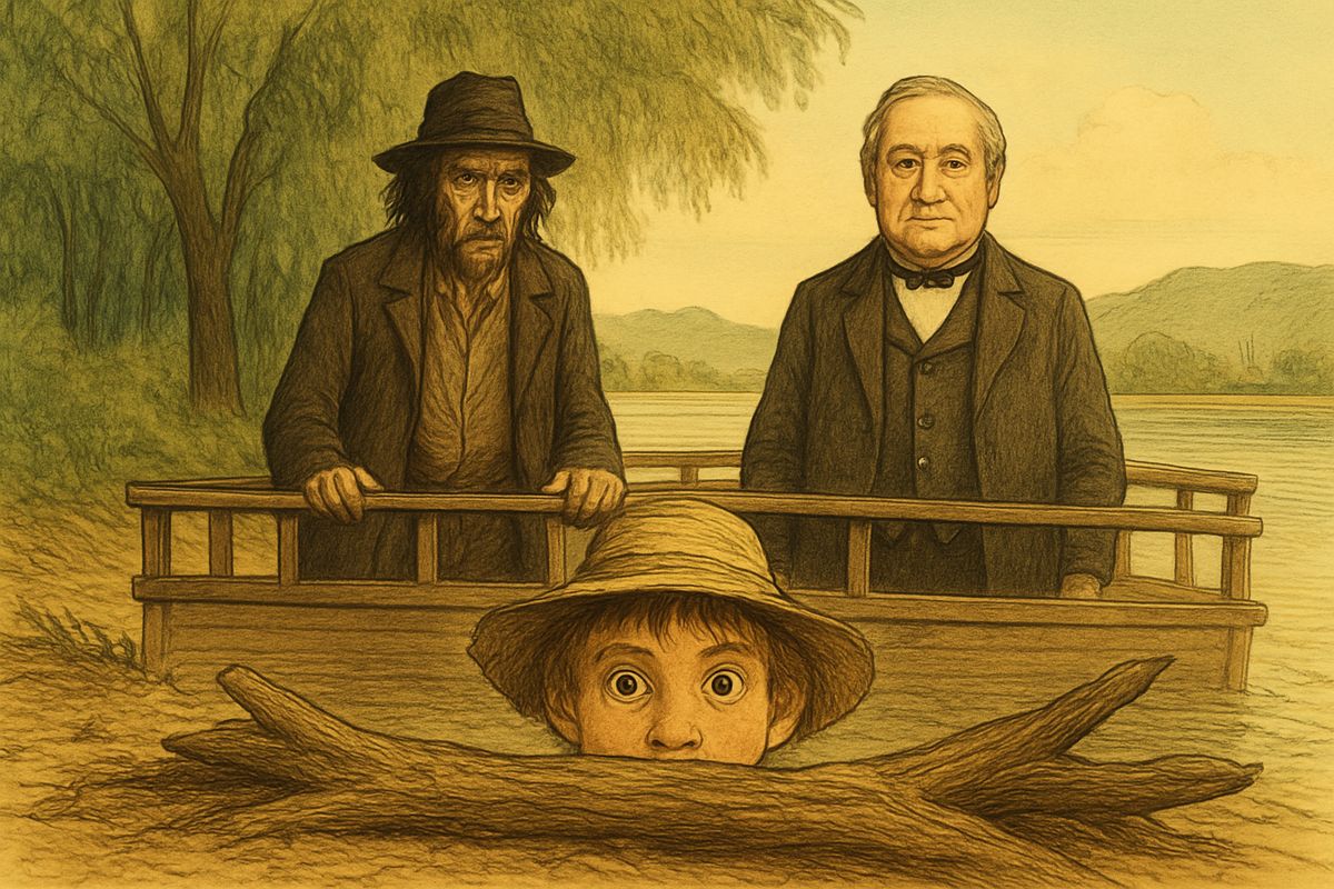 The ferry drifted in so close they could have walked ashore on a plank. Pap, Judge Thatcher, Tom Sawyer and half the town peered into the brush for my body. I lay still behind a log, and they never saw me.