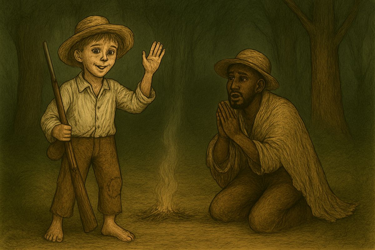 Days later I stumbled on a camp fire still smoking, and my heart jumped into my lungs. At dawn I found the man beside it: Miss Watson's Jim! He dropped to his knees, sure I was a ghost. "Doan' hurt me!"
