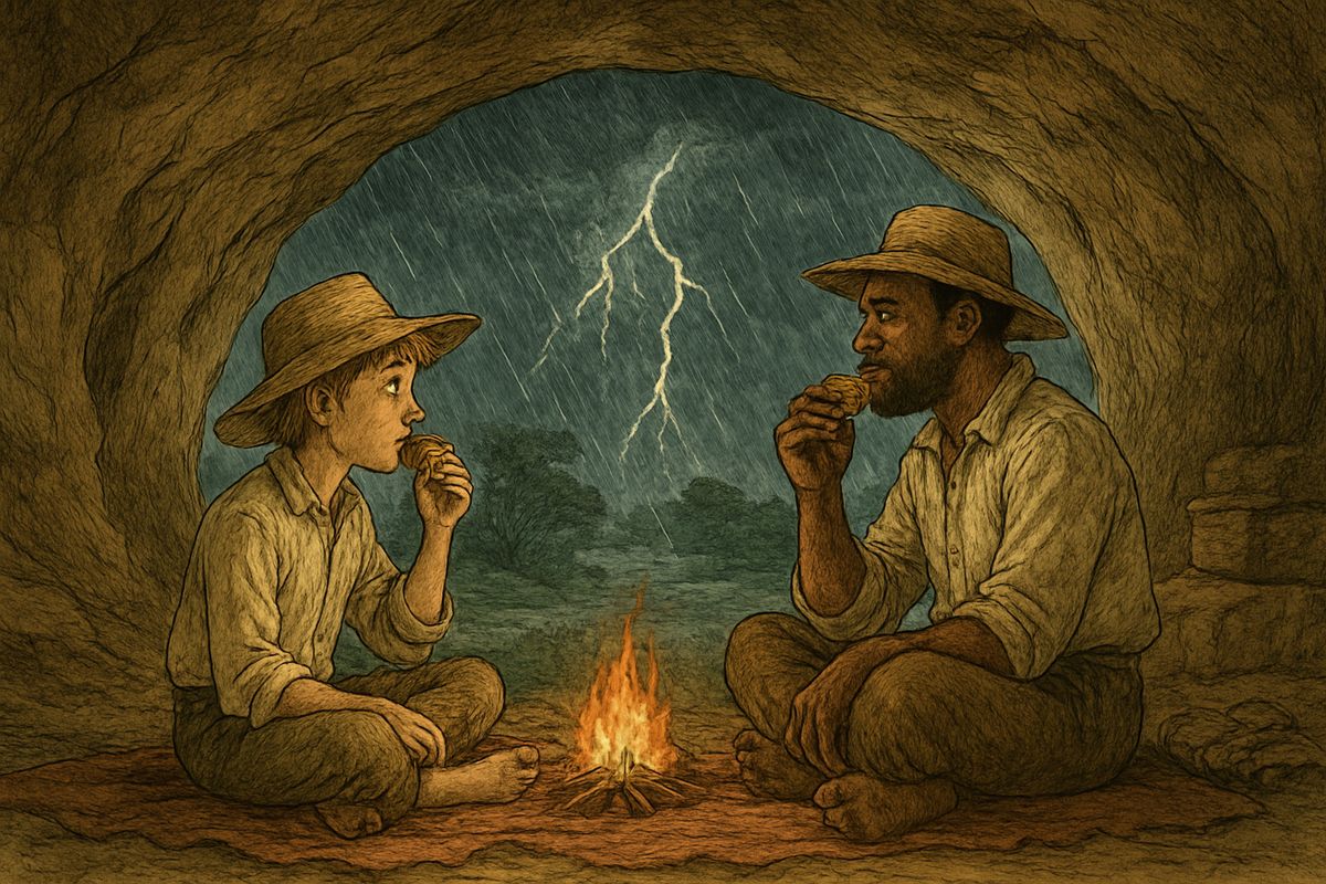 Jim said the birds meant rain, so we lugged our traps up to a big cavern on the ridge. Sure enough, a regular summer storm broke, blue-black and wild, with lightning as bright as glory. "Jim, this is nice," I says. "I wouldn't want to be nowhere else but here."