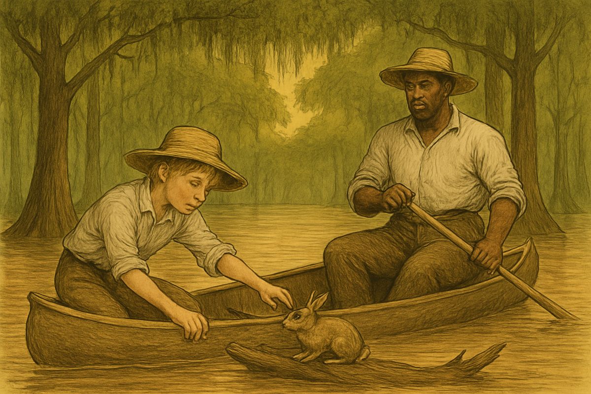 The river rose for twelve days until it was over the banks. We paddled the canoe among the trees in the cool shade, and the rabbits and other creatures stranded on the fallen logs got so tame from hunger you could put your hand right on them.