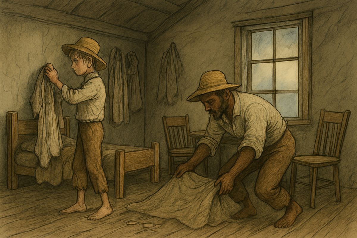 One dawn a frame house came floating down and we climbed in at a window. A dead man lay in the corner, shot in the back. "Doan' look at his face, Huck," Jim said, and covered him. We took clothes, a lantern and more.
