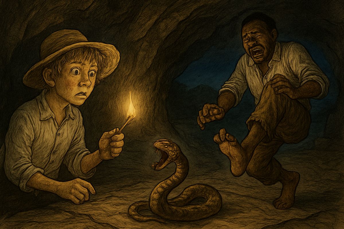 We found eight dollars sewed in an old coat, and I laughed at Jim's talk of bad luck. Then, for a prank, I curled a dead rattlesnake on Jim's blanket. Its mate came, bit Jim on the heel, and laid him up four days.