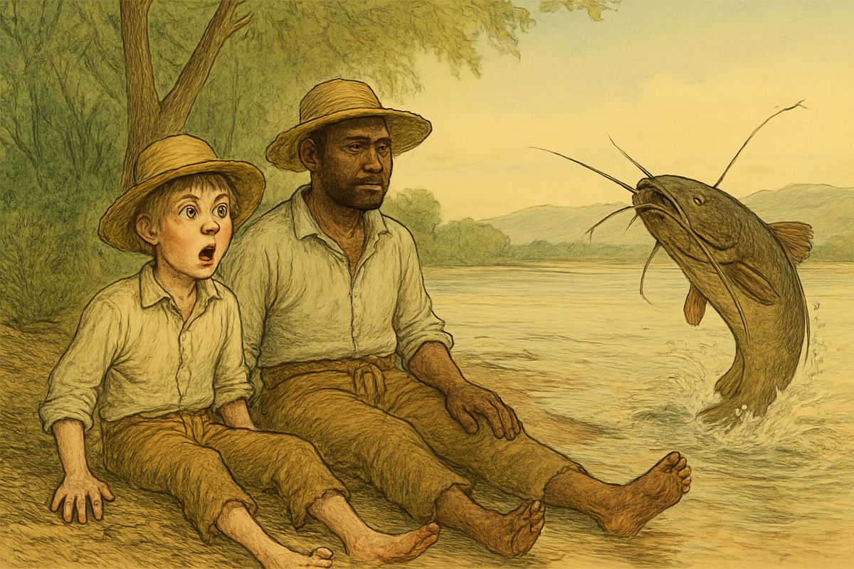 When the river went down we baited a big hook with a skinned rabbit and caught a catfish as big as a man, over two hundred pounds. He'd have flung us into Illinois, so we just watched him thrash until he drowned.