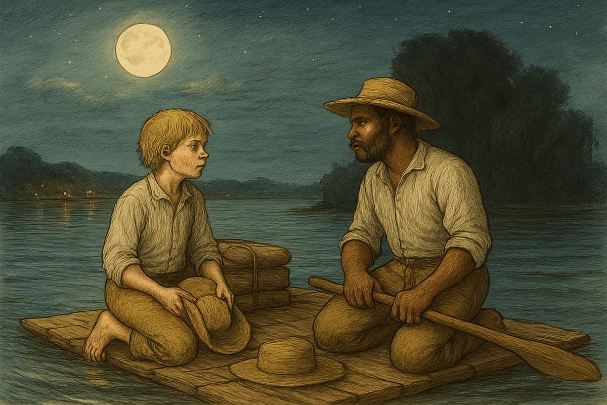 I paddled back and burst into the cavern. "Git up and hump yourself, Jim! They're after us!" Jim never asked a question. In half an hour everything was on the raft, and we slipped silently past the foot of the island.
