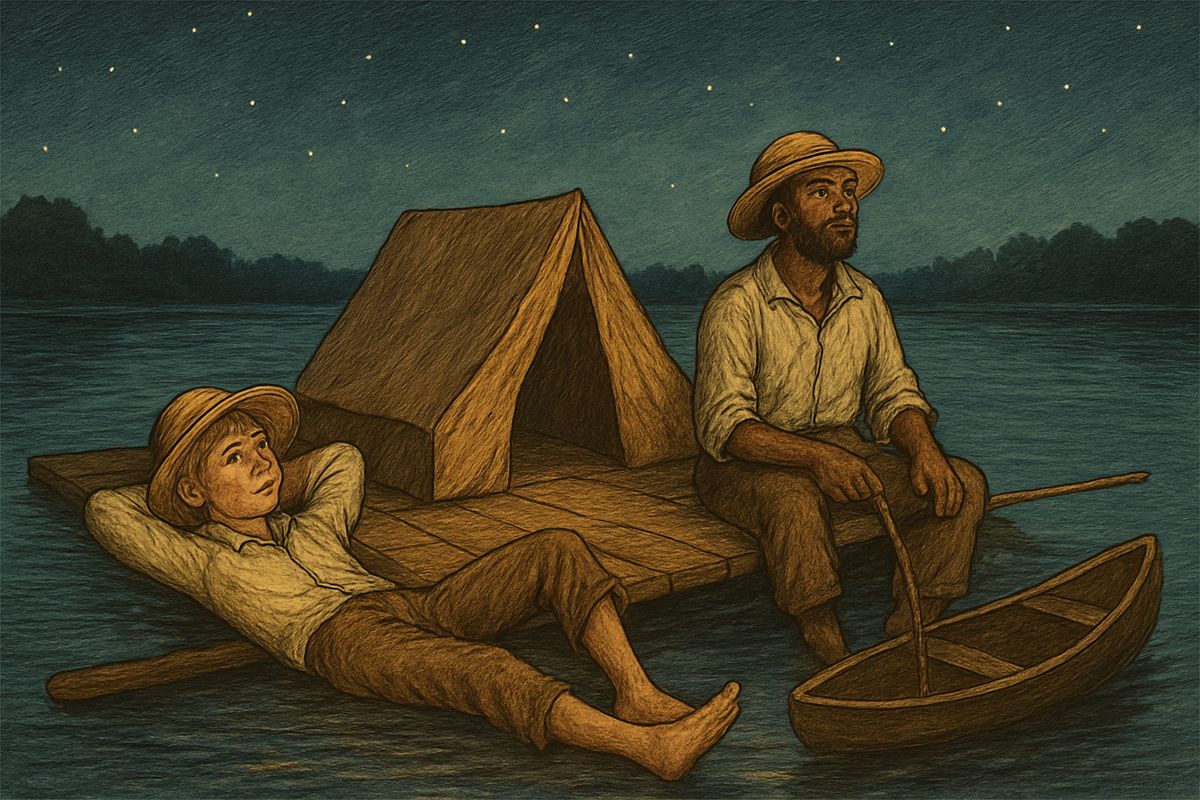 Hiding by day and drifting by night, Huck and Jim built a snug wigwam on the raft and floated past sleeping towns. St. Louis looked 'like the whole world lit up.' Huck bought meal ashore and borrowed melons and corn.