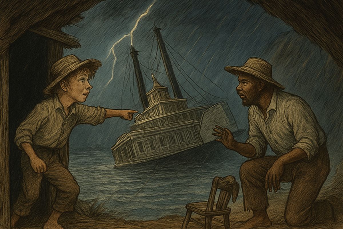 Five nights below St. Louis a great storm broke. By the lightning they saw a steamboat, the Walter Scott, wrecked on a rock and leaning over in the river. Jim wanted to 'let blame' well alone,' but Huck thought of what Tom Sawyer would do. 'Le's land on her, Jim.'