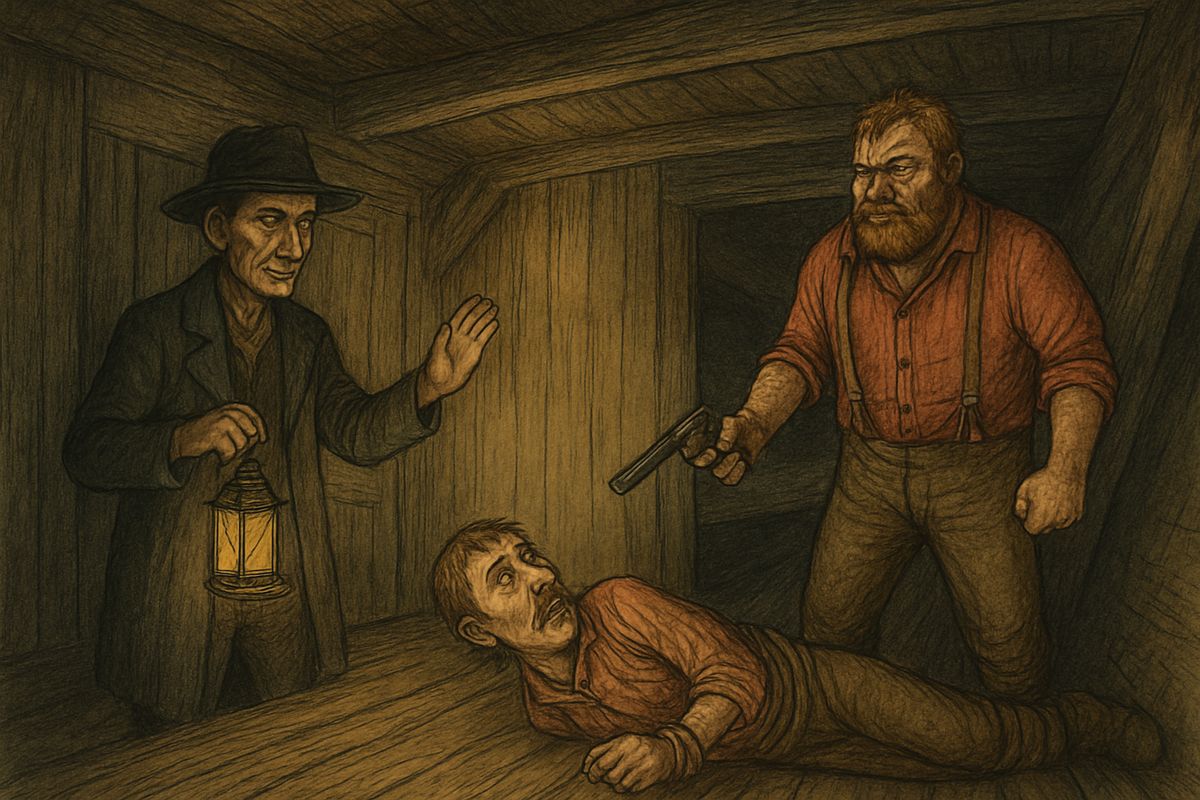 Aboard the wrecked steamboat, Huck heard voices. Jim fled for the raft, but Huck crept close and saw robbers Bill and Jake Packard standing over their partner Jim Turner, tied hand and foot. Hidden, Huck heard them plan to leave Turner to drown.
