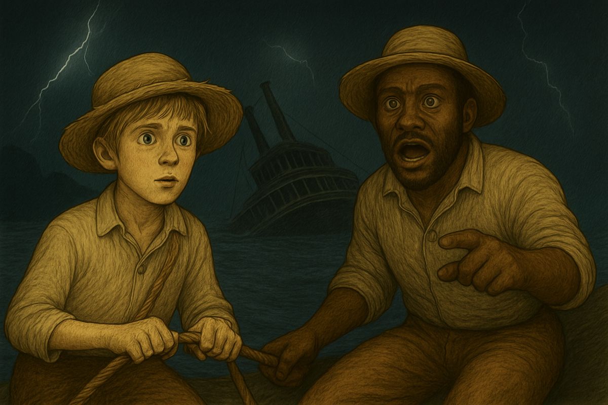Huck scrambled back to tell Jim they must set the robbers' boat adrift so the Sheriff could catch them. But Jim moaned out terrible news: 'Dey ain' no raf' no mo'; she done broke loose en gone!' Now they were trapped on the wreck with a gang of murderers.