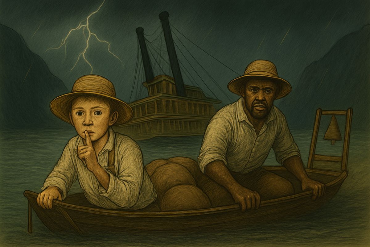 Creeping along the half-sunk skylight, they found the robbers' skiff. When Bill and Packard went back inside for Turner's share of the cash, Huck and Jim tumbled in, cut the rope, and glided silently away into the dark, leaving all three robbers stranded.