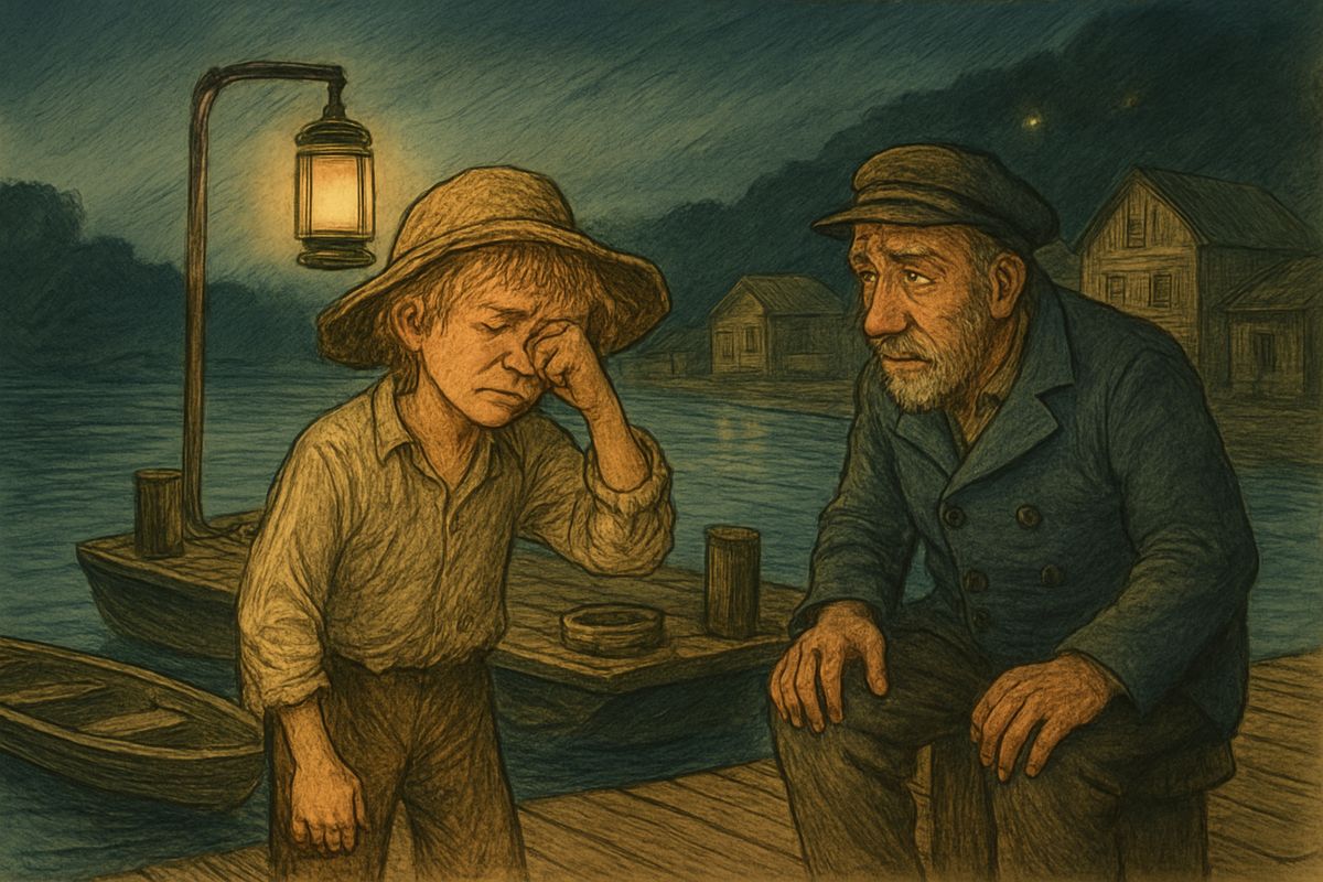 Worried now about the men, even murderers, Huck rowed to a ferry-boat at a village. Crying, he told the watchman his family and 'Miss Hooker' were stuck on the wreck. Hearing her uncle was rich Jim Hornback, the watchman hurried off.