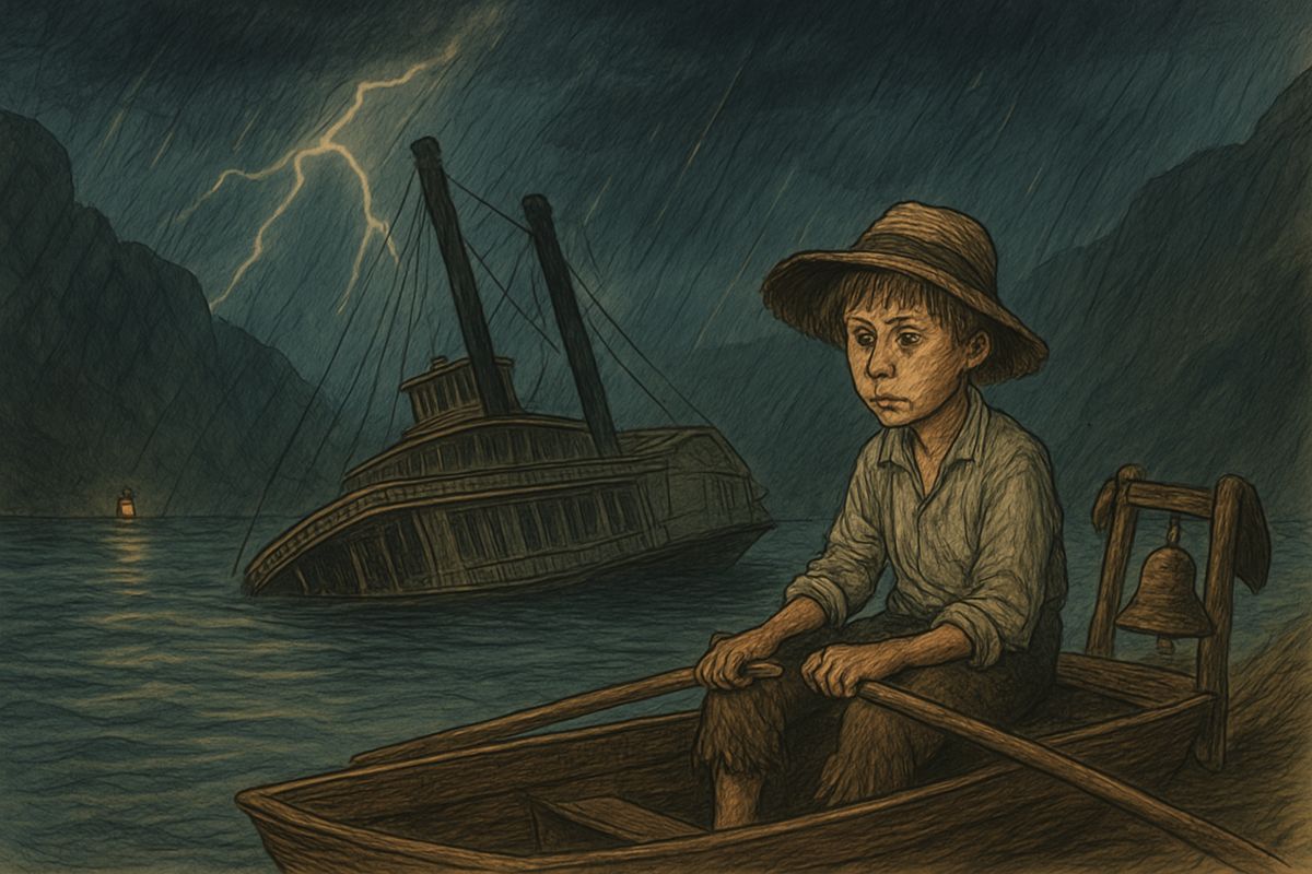 Soon the wreck came sliding down the river, dim and deep in the water. Huck rowed around her and hollered, but all was dead still. He slipped away to Jim's light, and at dawn they hid the raft and slept like dead people.