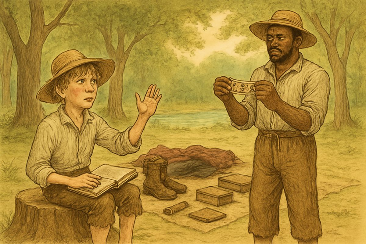 Rich with the robbers' boots, books and cigars, Huck read to Jim about kings. Jim thought little of wise King Solomon for wanting to chop a child in two. 'What's de use er dat half a bill?' he asked, and wouldn't see the point.