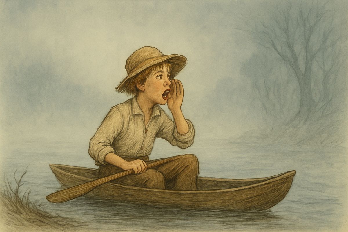 Three nights short of Cairo, where they meant to sell the raft and head up the Ohio to the free States, a fog came down. The raft tore loose, leaving Huck alone in the canoe, chasing faint whoops among the islands.
