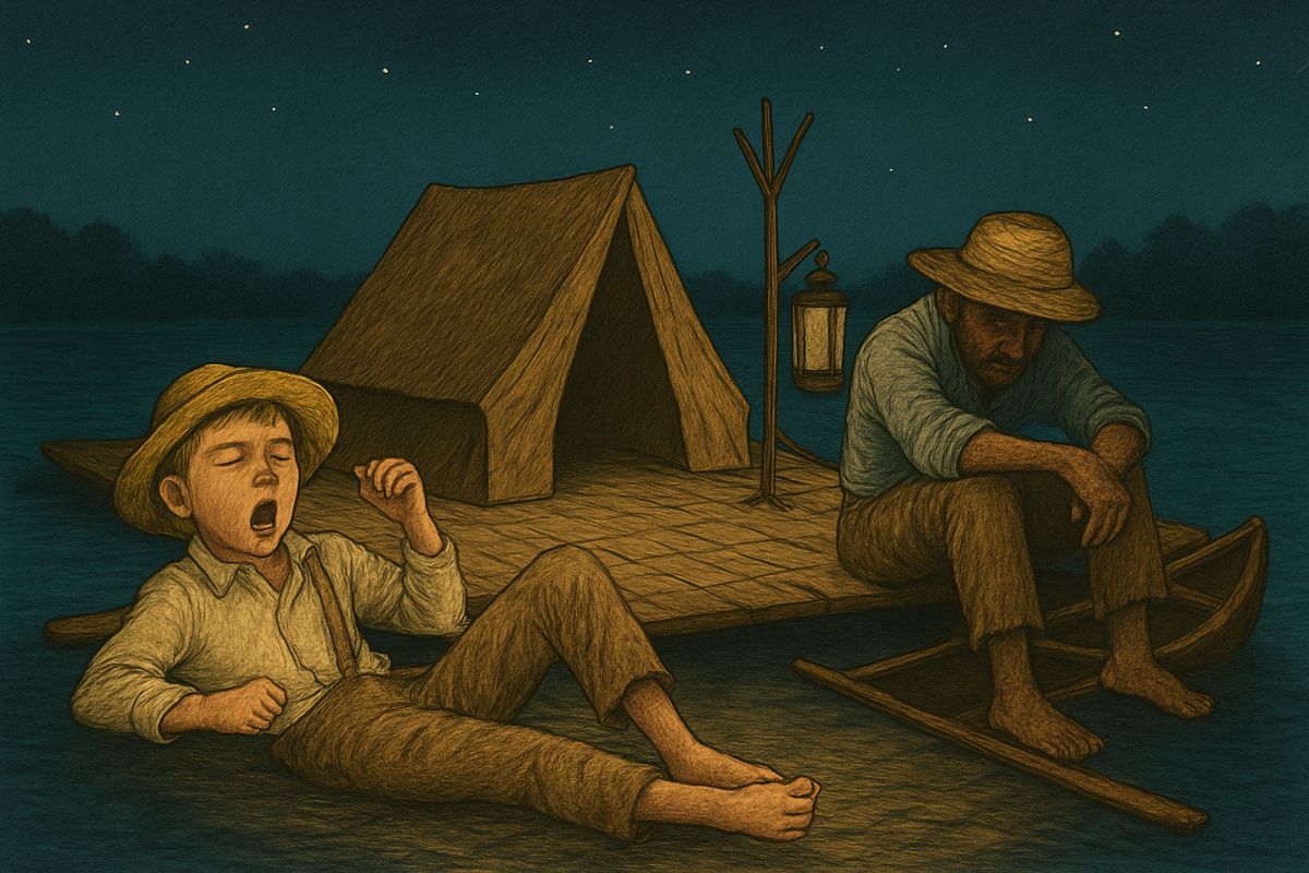 When Huck woke from a long nap, the fog was gone and the stars were out. He found the raft littered with leaves and trash, and Jim asleep at the steering-oar. Huck lay down beside him and pretended he had never been gone.