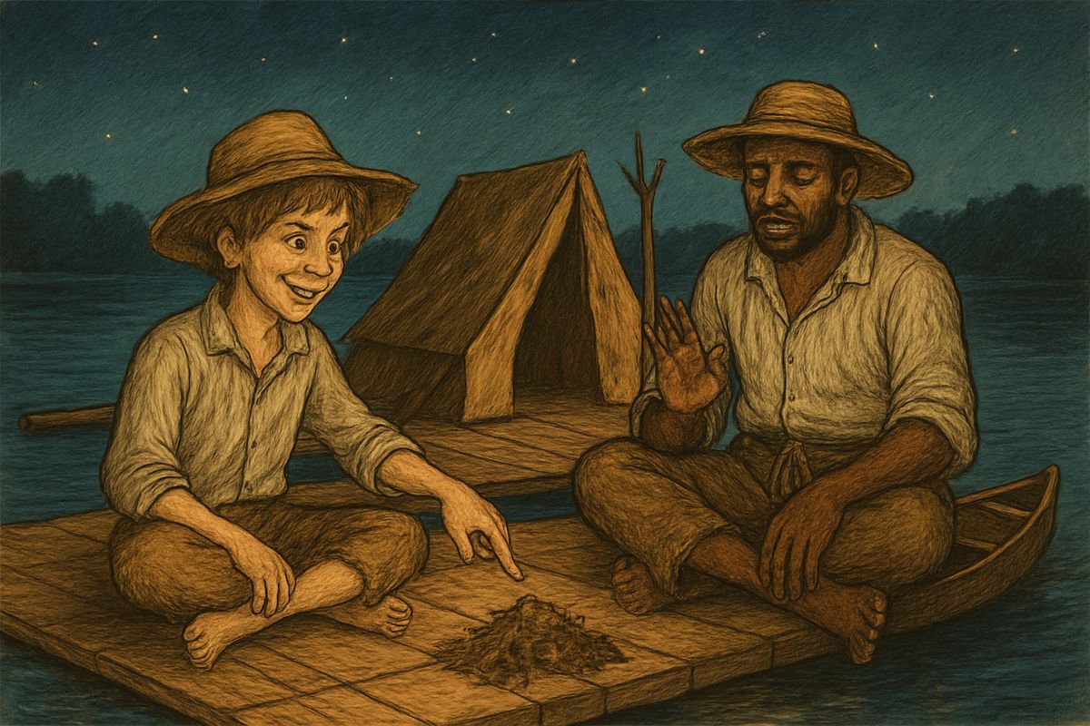 Jim was overjoyed to see Huck alive, but Huck swore there had been no fog and no islands, only a dream. Jim believed him and solemnly interpreted every part of it. Then Huck pointed to the leaves and the smashed oar. "What does these things stand for?"