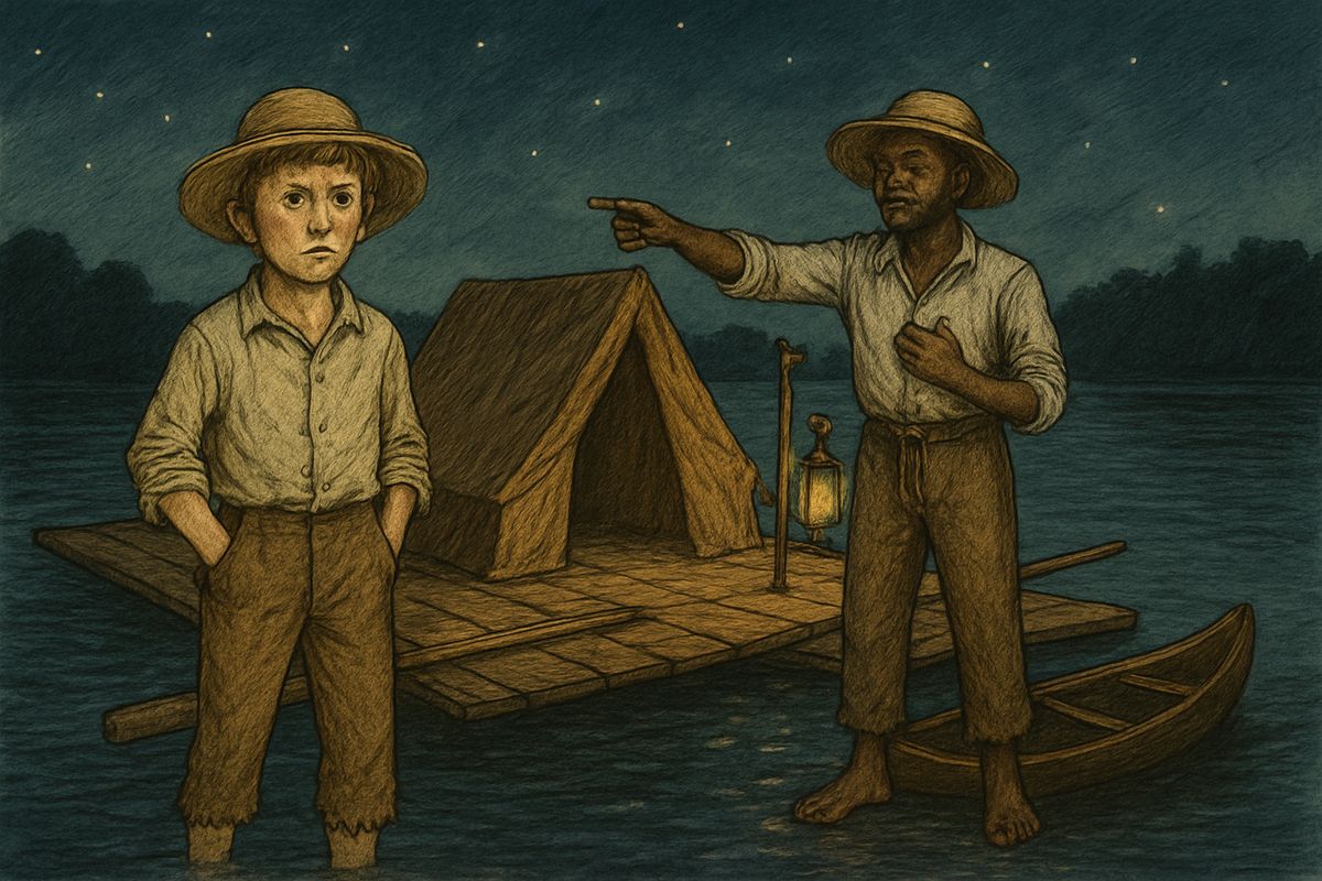The next night they watched hard for Cairo's lights. Jim trembled at being so near freedom and planned to save every cent to buy his wife and children. Huck's conscience scorched him about Miss Watson, until he resolved to paddle ashore and tell.
