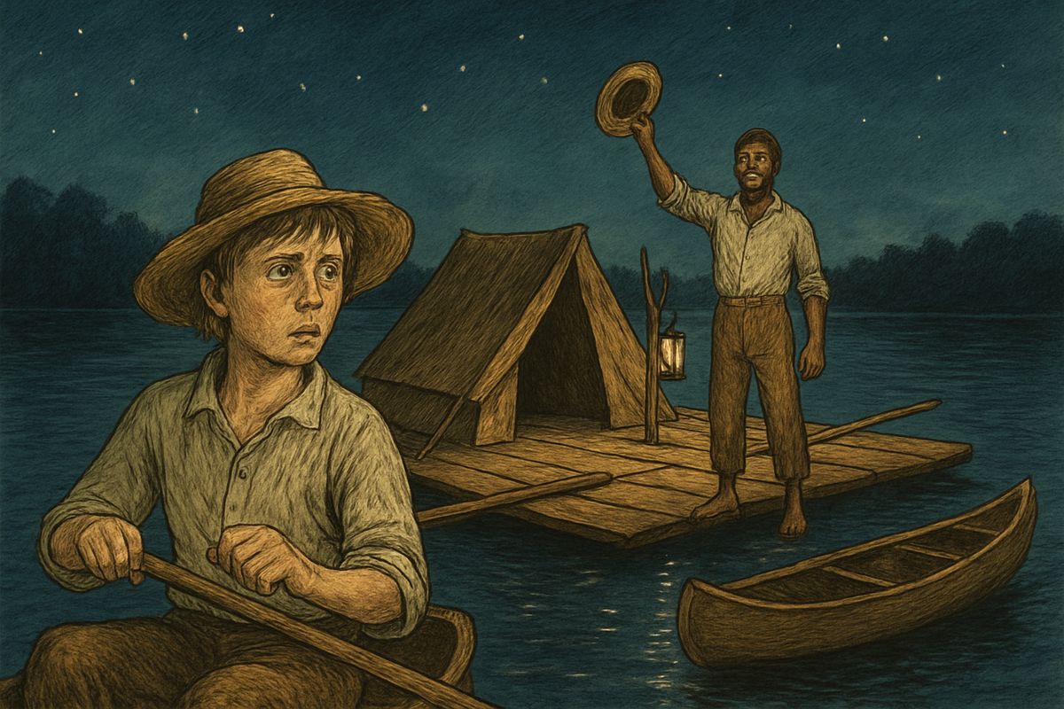 When a light showed, Huck took the canoe, meaning to turn Jim in. Jim called after him, 'You's de bes' fren' Jim's ever had; en you's de only fren' ole Jim's got now.' It took all the tuck out of Huck.