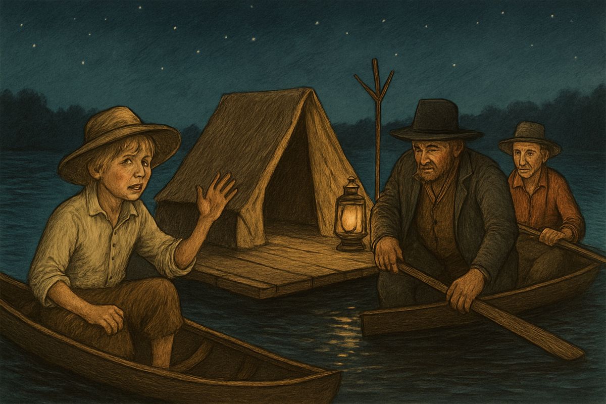 Two men with guns in a skiff were hunting runaway slaves, but Huck couldn't give Jim up. He hinted his sick pap was aboard until the men guessed smallpox, backed off in a fright, and floated him two twenty-dollar gold pieces on a board.