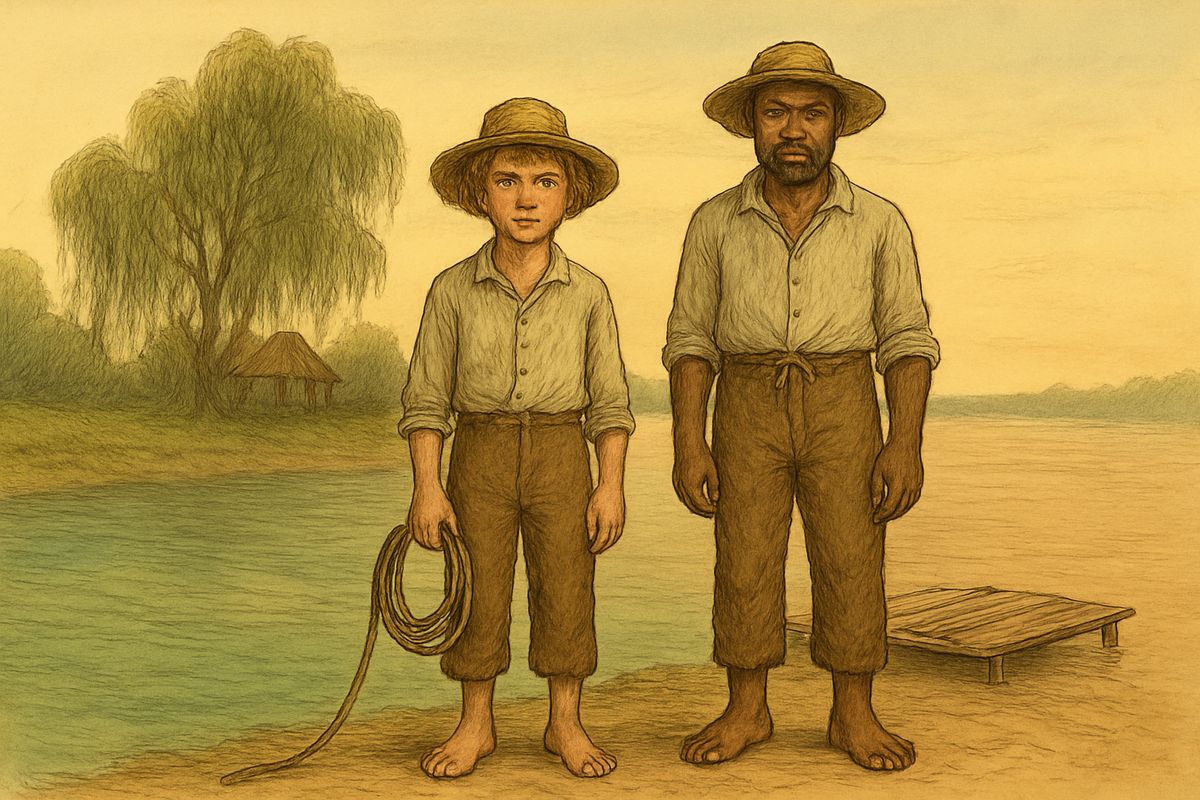 Jim, hidden in the river under the stern oar, called it the smartest dodge ever. But at dawn clear Ohio water ran beside the muddy Mississippi: they had passed Cairo in the fog. Then the canoe vanished too. Both blamed the rattlesnake skin.