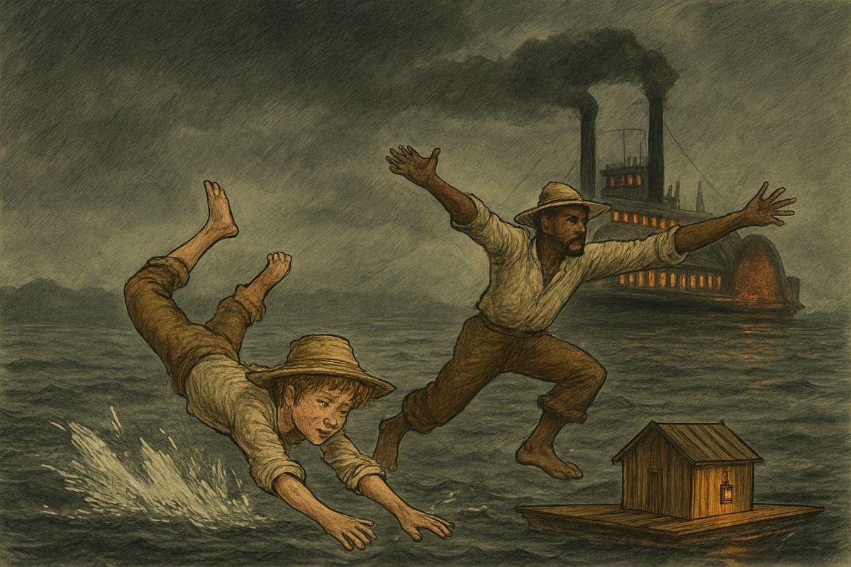 With no canoe, they had to drift on downriver. Late one thick grey night a big steamboat came pounding up the channel, straight for their lantern, her furnace doors glowing like red-hot teeth. Jim went overboard one side and Huck the other as she smashed straight through the raft.