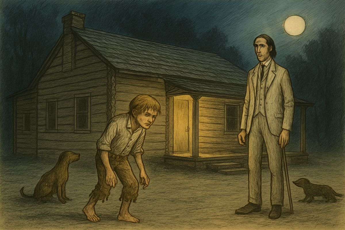 Swimming ashore after the raft was smashed, Huck was cornered by dogs at a big log house. Calling himself George Jackson, he was let in at gunpoint. Finding he was no Shepherdson, the old Colonel made him welcome. 'There; I reckon it's all right.'