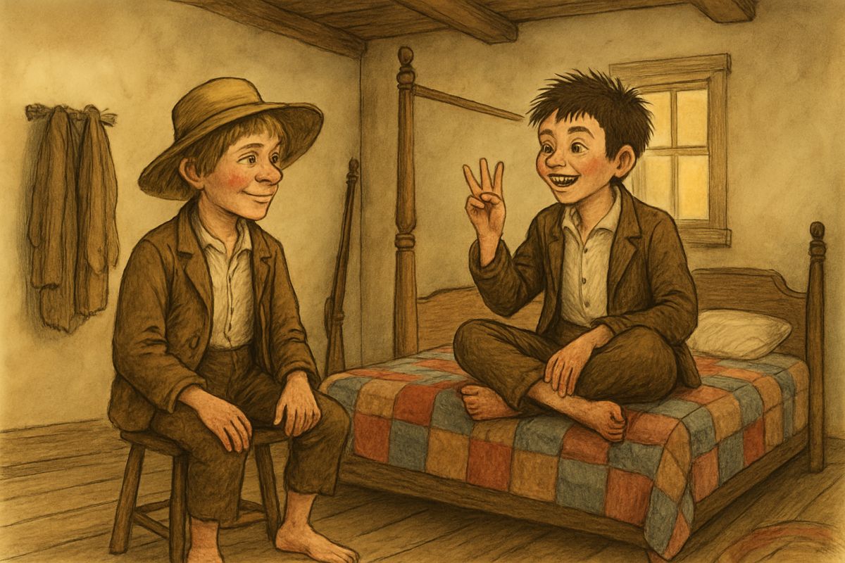The Colonel's youngest son, Buck, found Huck dry clothes and begged him to stay forever. Next morning Huck forgot his made-up name and tricked Buck into spelling it. 'G-e-o-r-g-e J-a-x-o-n—there now,' said Buck proudly, and they were fast friends.
