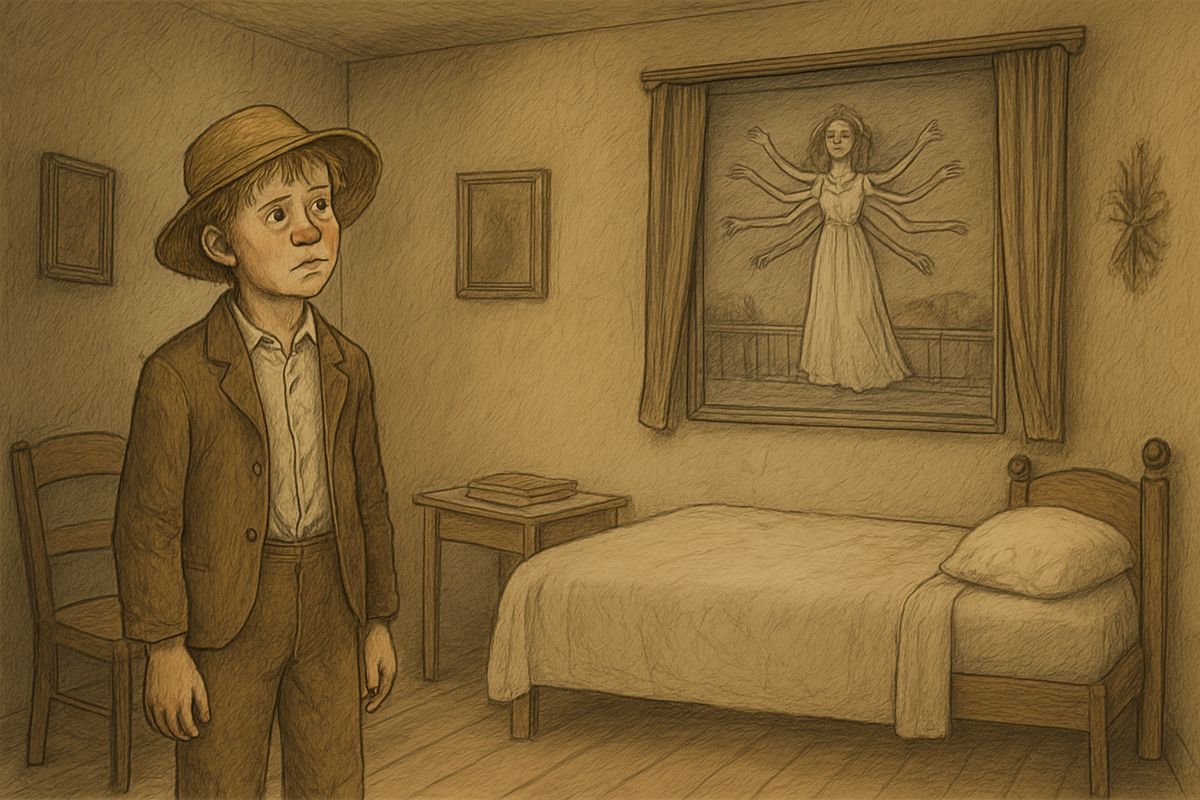Huck admired the fine house, but not the gloomy crayon pictures by Emmeline, a daughter who had died at fifteen. Her last showed a woman with six arms, since Emmeline died before choosing which pair to keep. They gave Huck the fan-tods.