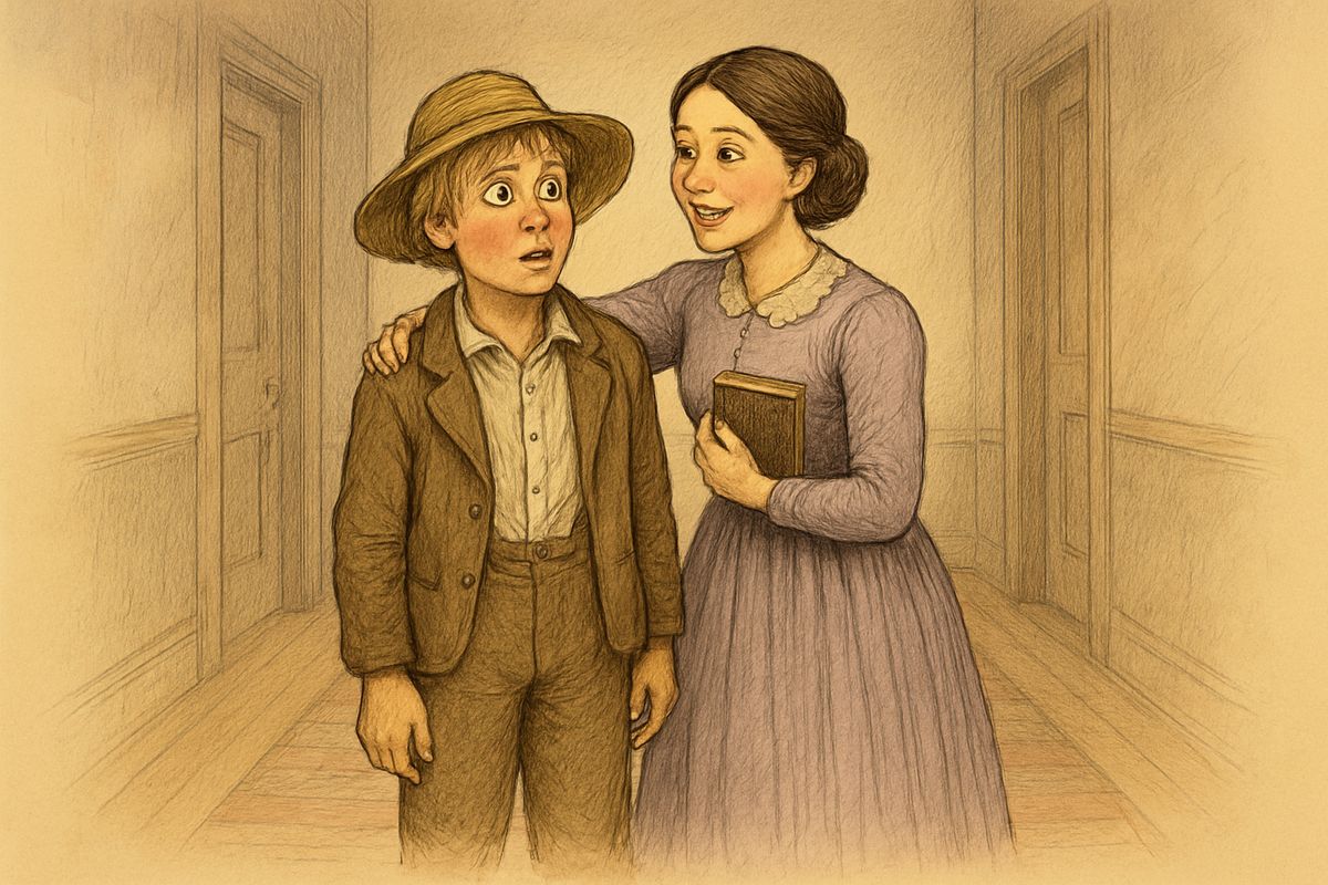 Gentle Miss Sophia secretly sent Huck back to church for her Testament. A scrap of paper fell out reading 'Half-past two.' When Sophia read it she turned red and glad, hugged Huck, called him the best boy in the world, and swore him to secrecy.