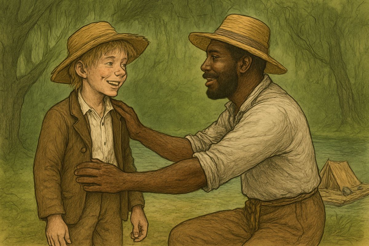 Huck's servant, Jack, led him into the swamp to see some water-moccasins, but there among the vines lay Jim, nearly crying for joy. The Grangerfords' slaves had hidden and fed him, and they had found the raft, which Jim had mended as good as new.