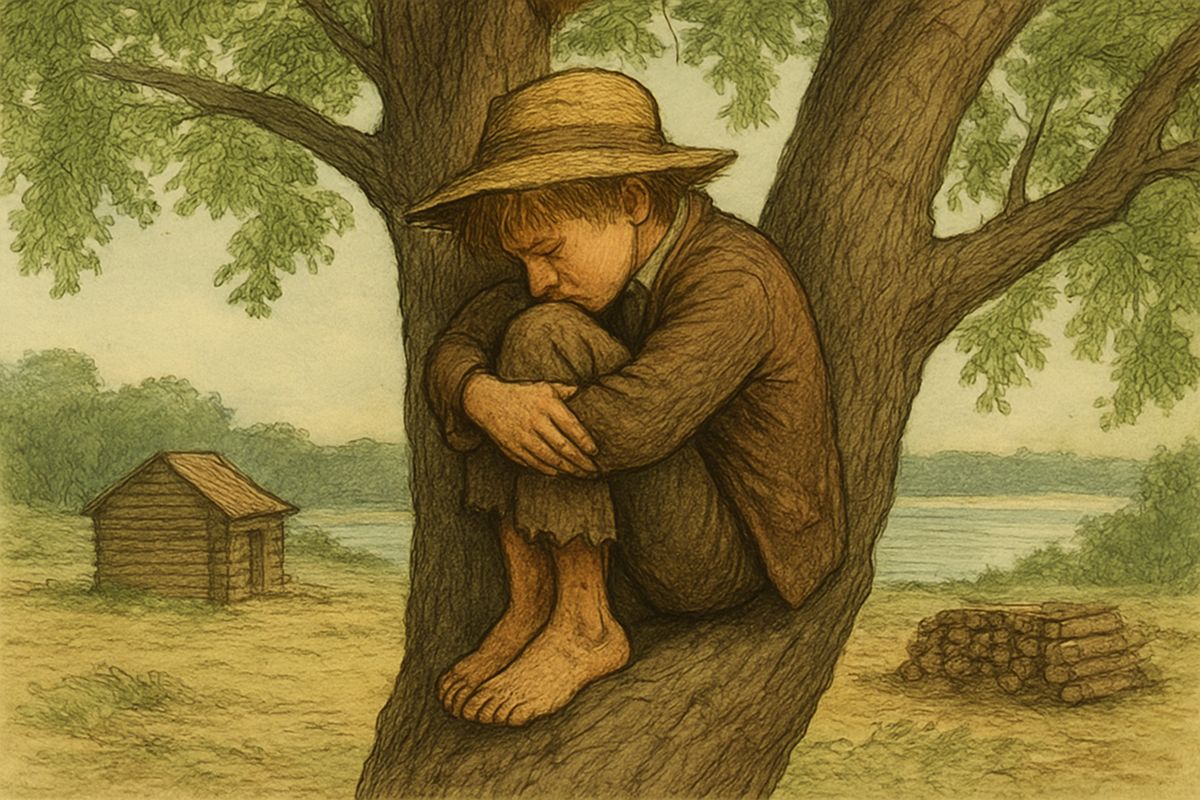 At dawn the house was empty: Sophia had run off to marry Harney Shepherdson, and the men had ridden out with guns. From a cottonwood, Huck watched Buck and his cousin Joe ambushed; the boys leapt into the river and never came back.