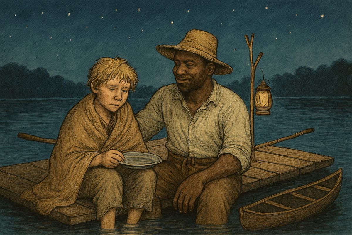 At dark Huck crept to the creek and found Jim waiting on the raft. 'Good lan'! is dat you, honey?' Jim cried. They shoved off at once, and two miles out on the Mississippi, Huck felt safe again. There was no home like a raft.