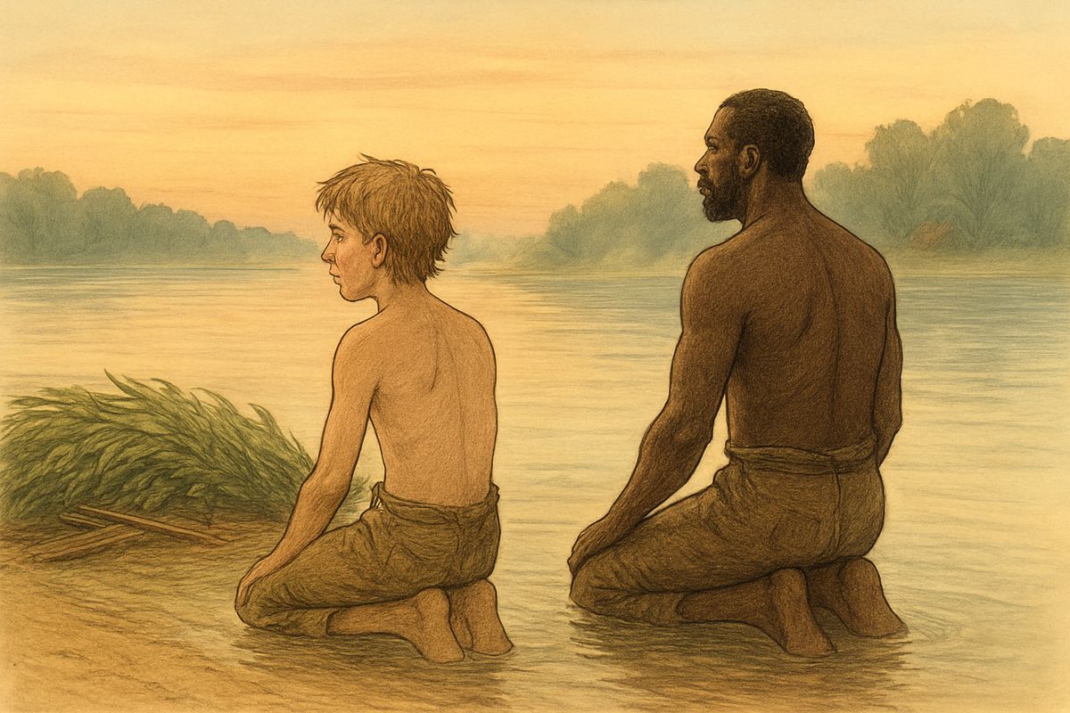 Two or three days and nights slid by, quiet and smooth and lovely. Huck and Jim ran the raft at night and hid by day. At the first grey of morning they tied up, swam, and sat in the shallows watching daylight come.