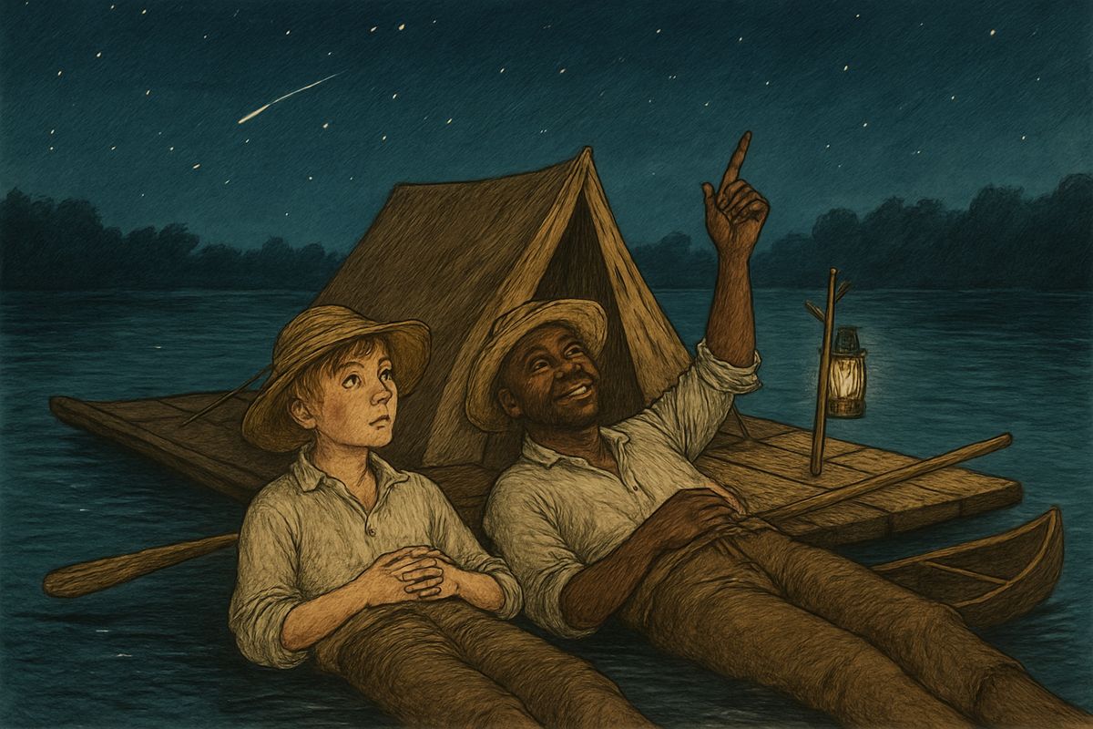 At night they let the raft drift and lay on their backs under the stars, arguing whether they were made or just happened. Huck reckoned there were too many to make. 'De moon could a laid 'em,' Jim said, and Huck let that stand.